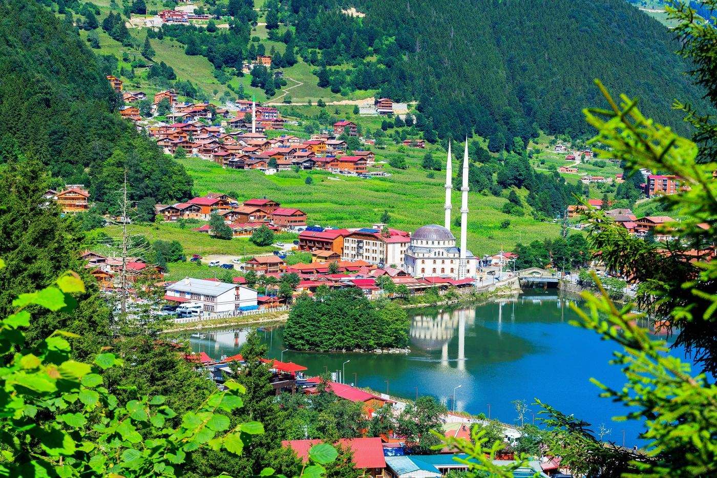 Uzungöl: a lake in a green valley with a mosque and wooden houses along the shore